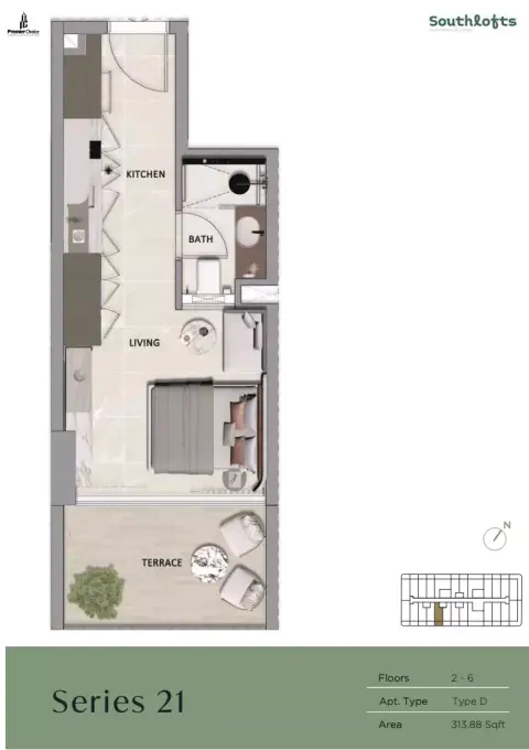 South Lofts floor plan, Studio, 313–861 sq ft