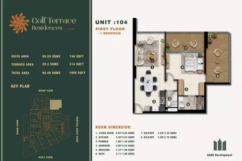 Golf Terrace Residences floor plan, 1 Bed, 1,060–1,160 sq ft