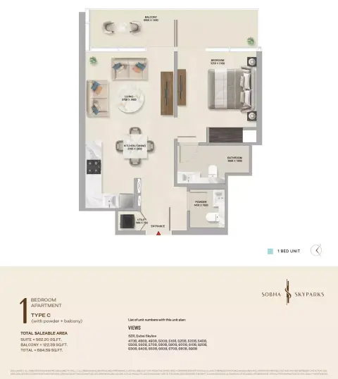 Sobha Skyparks floor plan, 1 Bed, 684–868 sq ft