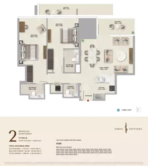 Sobha Skyparks floor plan, 2 Bed, 1,188–1,605 sq ft