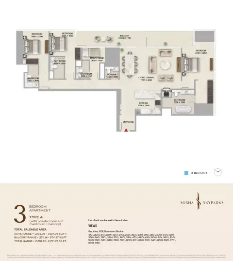 Sobha Skyparks floor plan, 3 Bed, 2,267 sq ft