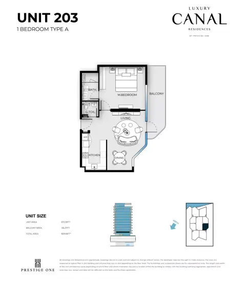 Luxury Canal Residences floor plan, 1 Bed, 809–830 sq ft