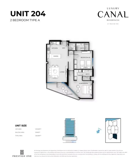 Luxury Canal Residences floor plan, 2 Bed, 1,200–1,244 sq ft