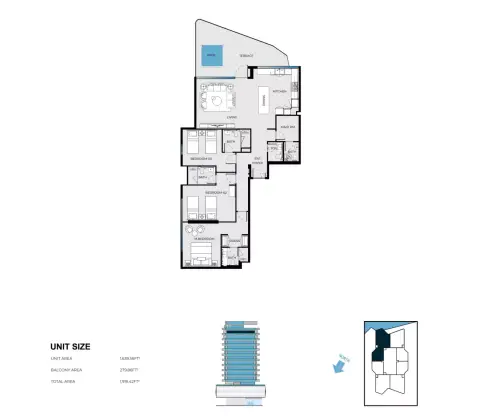 Luxury Canal Residences floor plan, 3 Bed, 1,919–2,047 sq ft
