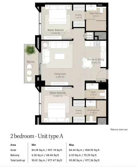 Alton floor plan, 2 Bed, 977–1,073 sq ft