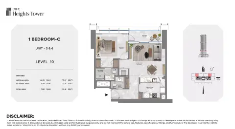 DIFC Heights Tower floor plan, 1 Bed, 792–871 sq ft