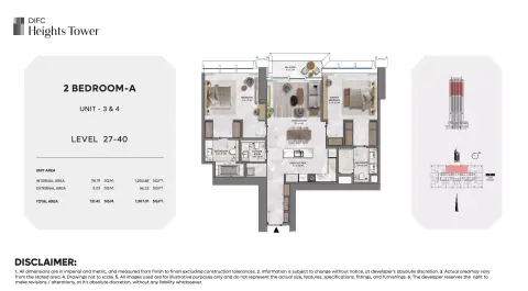 DIFC Heights Tower floor plan, 2 Bed, 1,307–1,438 sq ft