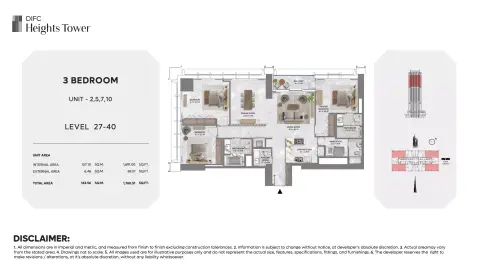 DIFC Heights Tower floor plan, 3 Bed, 1,760 sq ft