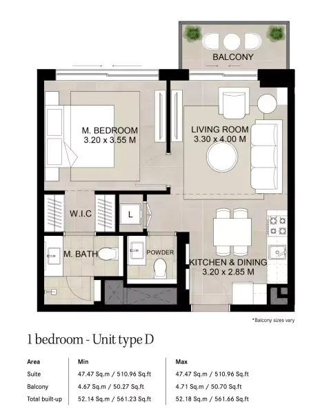 Augusta floor plan, 1 Bed, 561–645 sq ft