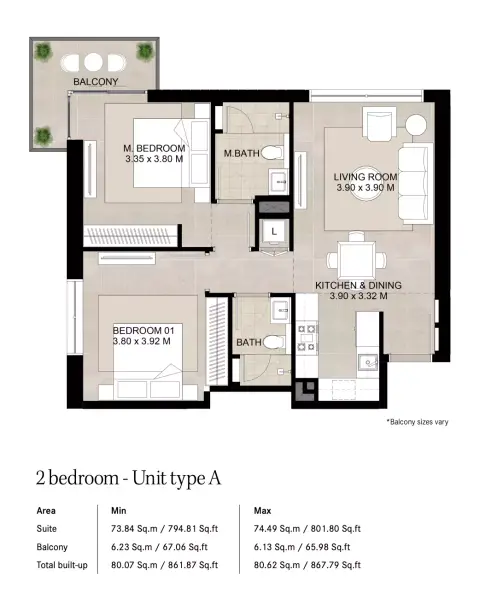 Augusta floor plan, 2 Bed, 861–983 sq ft