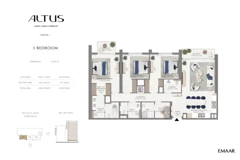 Emaar Altus floor plan, 3 Bed, 1,596–1,927 sq ft