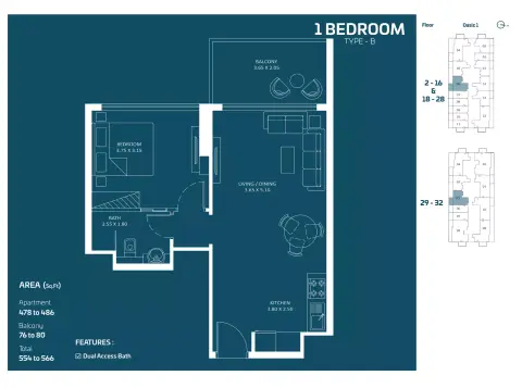 Danube Oasiz floor plan, 1 Bed, 566–569 sq ft