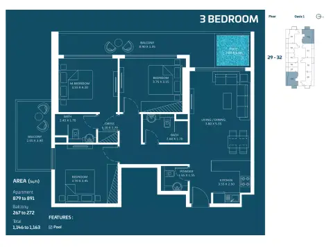 Danube Oasiz floor plan, 3 Bed, 1,163 sq ft