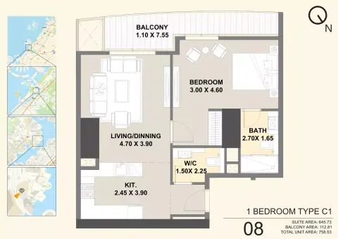 Pelagos floor plan, 1 Bed, 758–833 sq ft