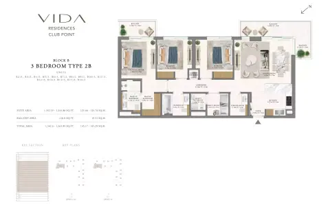 Vida Residences Club Point floor plan, 3 Bed, 1,563–1,643 sq ft