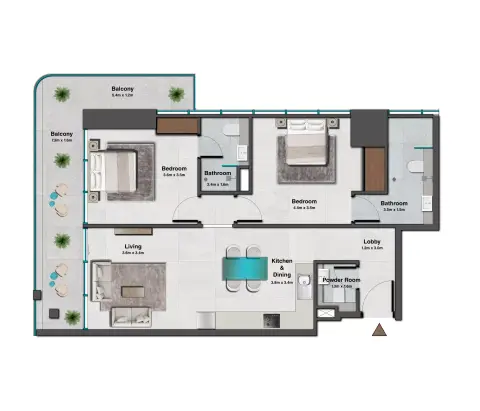 Skyhills Residences Phase 3 By HRE floor plan, 2 Bed, 1,051–1,096 sq ft