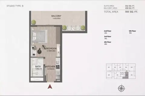 One By Nine floor plan, Studio, 560–666 sq ft