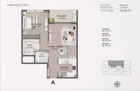 One By Nine floor plan, 1 Bed, 733–1,189 sq ft