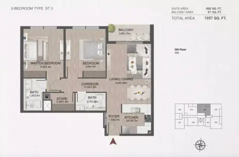 One By Nine floor plan, 2 Bed, 1,057–1,777 sq ft