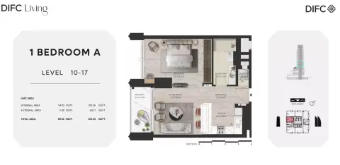 Difc Living floor plan, 1 Bed, 651–1,034 sq ft