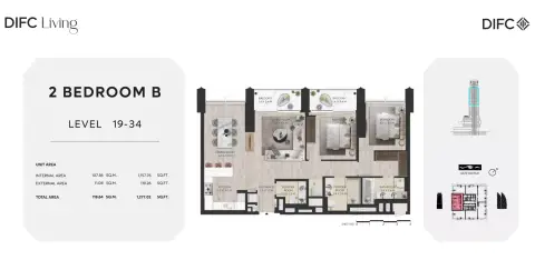 Difc Living floor plan, 2 Bed, 1,277 sq ft