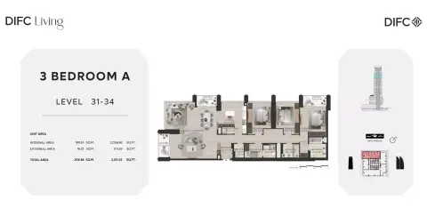 Difc Living floor plan, 3 Bed, 2,211–2,388 sq ft