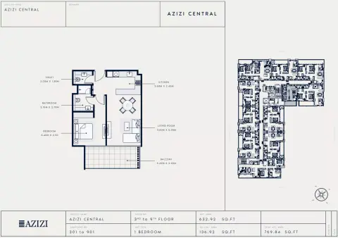 Azizi Central floor plan, 1 Bed, 769–784 sq ft