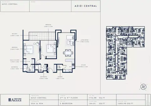 Azizi Central floor plan, 2 Bed, 1,250–2,018 sq ft