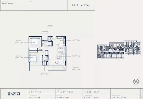 Azizi Vista floor plan, 2 Bed, 1,037–1,184 sq ft