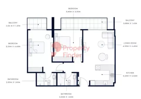 Azizi Amber floor plan, 2 Bed, 984–1,285 sq ft
