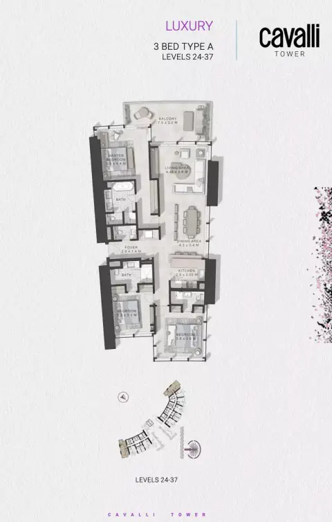 Cavalli Tower floor plan, 3 Bed