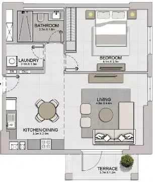 La Sirene Phase1 By Meraas floor plan, 1 Bed, 797–822 sq ft
