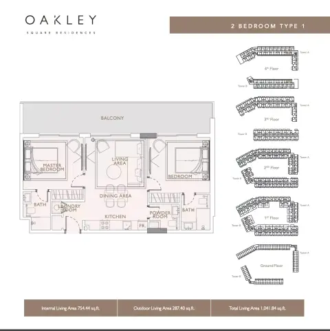 Oakley Square floor plan, 2 Bed, 1,041–1,190 sq ft