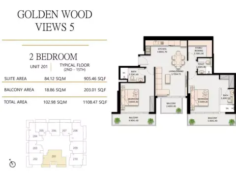 Golden Wood Views floor plan, 2 Bed, 1,108 sq ft