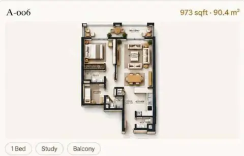 Reeman Residence 02 floor plan, 1 Bed, 973–1,078 sq ft