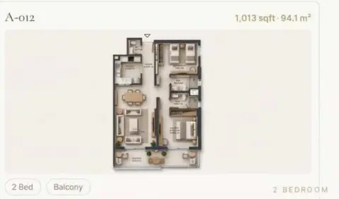 Reeman Residence 02 floor plan, 2 Bed, 1,013–1,058 sq ft