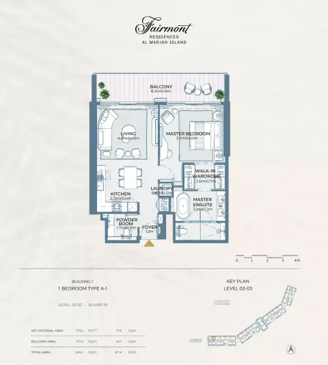 Fairmont Residences At Al Marjan Island floor plan, 1 Bed, 945 sq ft
