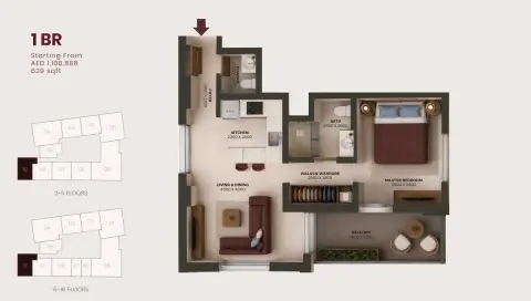 Valore floor plan, 1 Bed, 629 sq ft