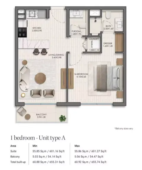 Belmont floor plan, 1 Bed, 655–840 sq ft