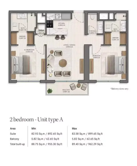 Belmont floor plan, 2 Bed, 955–1,265 sq ft